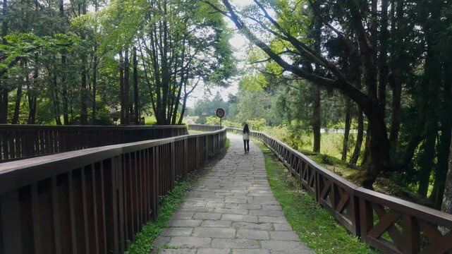 POV shot of strolling on paved pathway at Chaoping Station in Taiwan. Lush, dense greenery.
