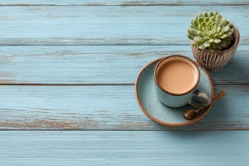 A teal cup of coffee sits on a saucer next to a succulent on a blue wooden table