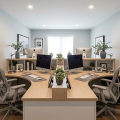 Modern office setup with ergonomic chairs and dual monitors