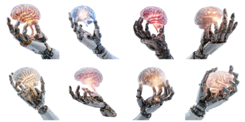 Glowing brain and robot hand die cut mock up in intelligence concept decoration.