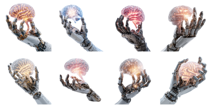 Glowing brain and robot hand die cut mock up in intelligence concept decoration.