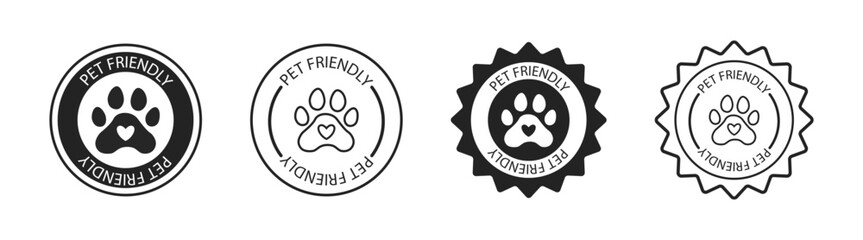 Pet friendly label icon set with dog and cat paw prints, badges, stamps, and symbols. Certified pet care and permission signs in vector illustration on transparent background.