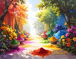 Vibrant Colorful Pathway with Flowering Plants and Bright Powder