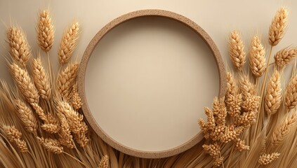 Beige background, round frame, wheat