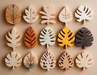 Twelve unique wooden leaf shapes, arranged in a grid on a neutral background