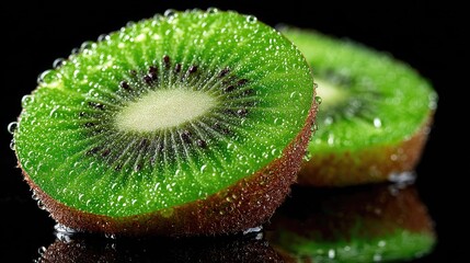 Two juicy kiwi slices, glistening with water droplets, on a reflective black surface