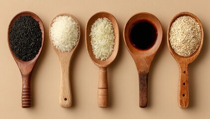 Five wooden spoons hold various grains and sauce