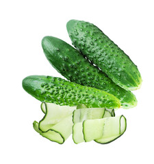 fresh cucumbers, whole and sliced, on a transparent background