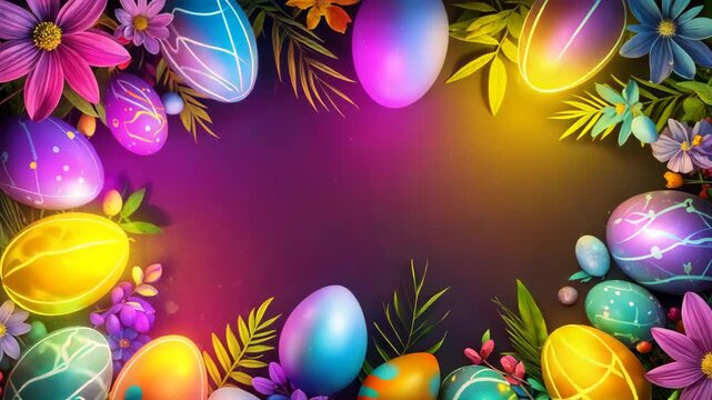 Colorful easter eggs frame with tropical leaves and flowers creating vibrant spring background.