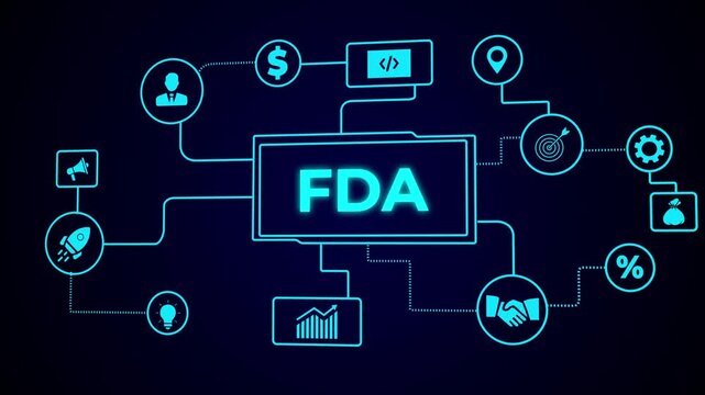 Doctor working on virtual touch screen presses abbreviation: FDA. Food and Drug Administration ( FDA ) Department Service Medical Concept on a black background. 4K