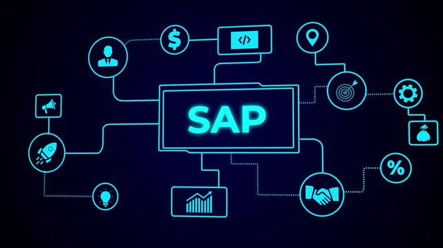 SAP System Software Automation concept on virtual screen data center. business insights from large data sets, Animated data analytics banner web icons. Motion graphics of SAP concept.