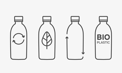 Set of bioplastic bottle icons with eco-friendly symbols, including recycling sign, leaf, and arrows, representing sustainable packaging and renewable materials. Vector