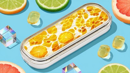 Rectangular container with citrus design, surrounded by fruit slices and crystals
