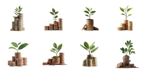 Stack coins and sprout white background png transparent saving and investment concept using for decoration.