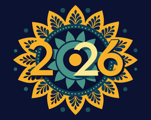 Vector art of decorative 2026 new year greeting with mandala design on dark background