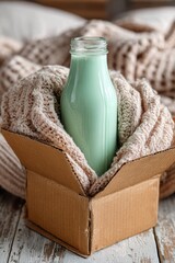 Glass bottle of green beverage nestled in a cozy knit scarf inside a cardboard box on a rustic wooden surface