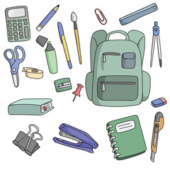 set of stationary illustration vector hand drawn with black lines isolated on white background.
