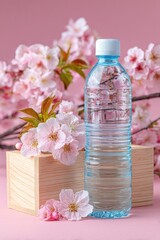 Pink blossoms flank a water bottle on a wooden block against a pink backdrop