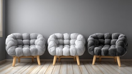 Three plush button-tufted chairs in varying shades of grey sit against a grey wall
