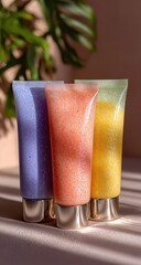 Three tubes of shimmery cosmetic product, various pastel colors, sitting on a surface