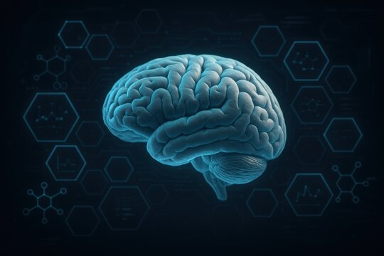 Human Brain Illustration: A detailed illustration of the human brain, illuminated in cool hues against a backdrop of abstract scientific graphics.