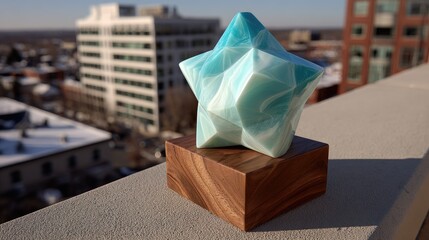 Teal star sculpture on wood base, city backdrop