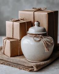 Rustic still life of gifts and ceramic jar