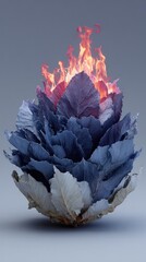 A surreal digital rendering of a cabbage engulfed in flames,  its leaves in shades of blue and purple