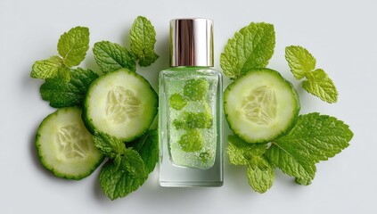 Glass bottle of light green liquid, surrounded by cucumber slices and mint leaves on a white background