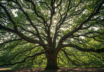 Majestic ancient oak tree with vibrant green leaves reaching towards the sun, natural beauty