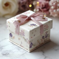 Small square gift box with floral pattern and pink ribbon