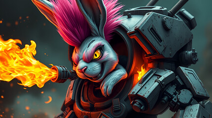 A rebellious punk rabbit with a vibrant mohawk, fiercely spitting fire within a futuristic, battle-damaged robot.