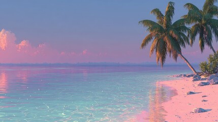 Pink sunset over calm ocean, palm trees on sandy beach