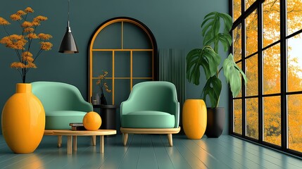 Teal room, autumnal view, yellow accents, modern chairs