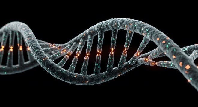Abstract concept of binary data stored within a DNA helix - Powered by Adobe