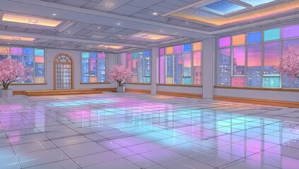 Pastel-lit hall with city view, cherry blossoms, and reflective floor
