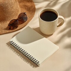 Summer still life coffee, hat, sunglasses, notebook