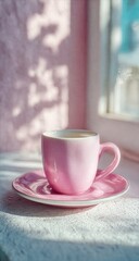 Pink coffee cup and saucer on a windowsill in sunlight