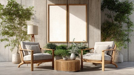 Obraz premium Empty picture frames in a modern outdoor living space.