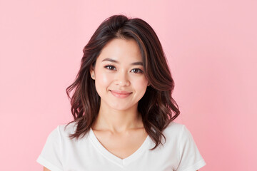 Fototapeta premium Portrait of young adult Asian woman smiling and looking into camera against plain pink background, showing natural makeup and shoulder length dark hair, casual appearance