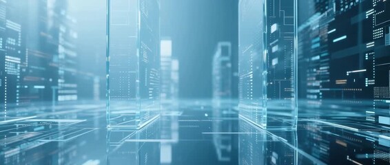 Abstract technology background with glowing blue lines and a futuristic digital cityscape - Powered by Adobe