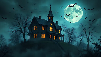 Fototapeta premium Old Haunted House with Glowing Windows Halloween Night Sky with Full Moon and Bats