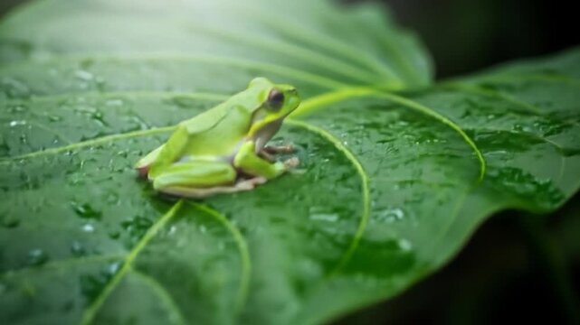 Tiny Green Tree Frog Resting on a Large, Wet Tropical Leaf in a Lush Rainforest Environment