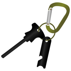Simple illustration of a black fire starter and bottle opener with a green carabiner. Perfect for outdoor or survival themes.