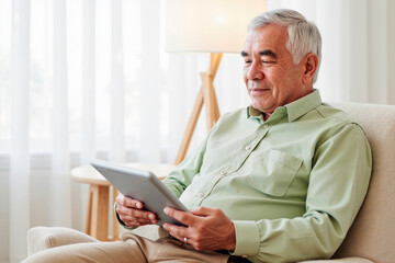 Senior Caucasian man sitting on sofa using digital tablet, smiling gently while looking at screen, relaxing in bright living room with natural light coming through window