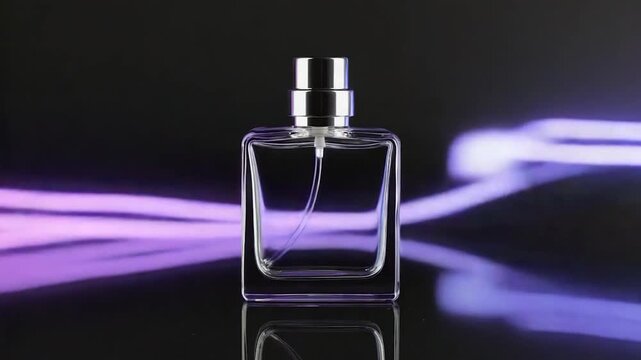 Clear rectangular perfume bottle against a dark background with purple highlights