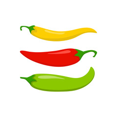 Hot chili peppers, jalapeno vegetables, cayenne pepper red, green, yellow colors isolated on white background. Vector illustration