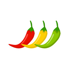Hot chili peppers, jalapeno vegetables, cayenne pepper red, green, yellow colors isolated on white background. Vector illustration