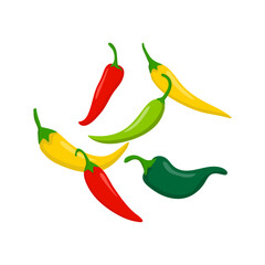 Hot chili peppers, jalapeno vegetables, cayenne pepper red, green, yellow colors isolated on white background. Vector illustration