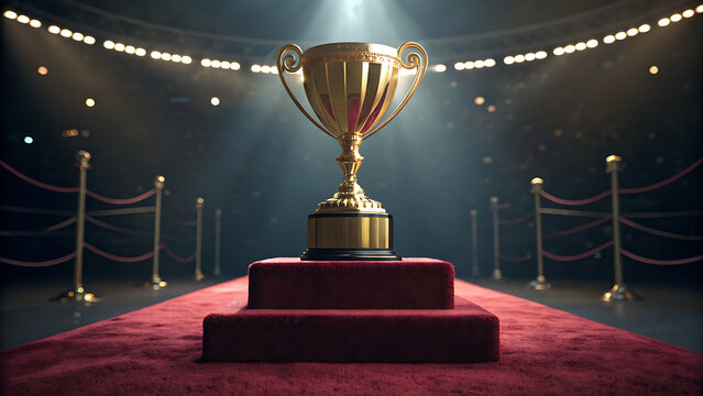 Golden championship trophy gleaming under spotlight on red carpet in grand arena